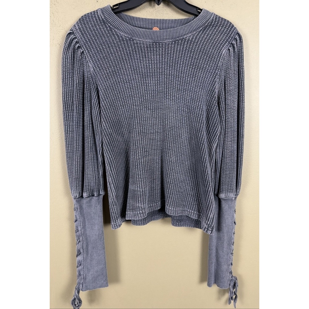 Free People FP One Tasha Lace Up Sleeve Thermal Top Charcoal Gray Medium